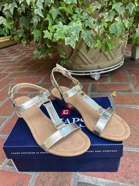 Chaps Women's Iridescent Metallic T-Strap Sandals